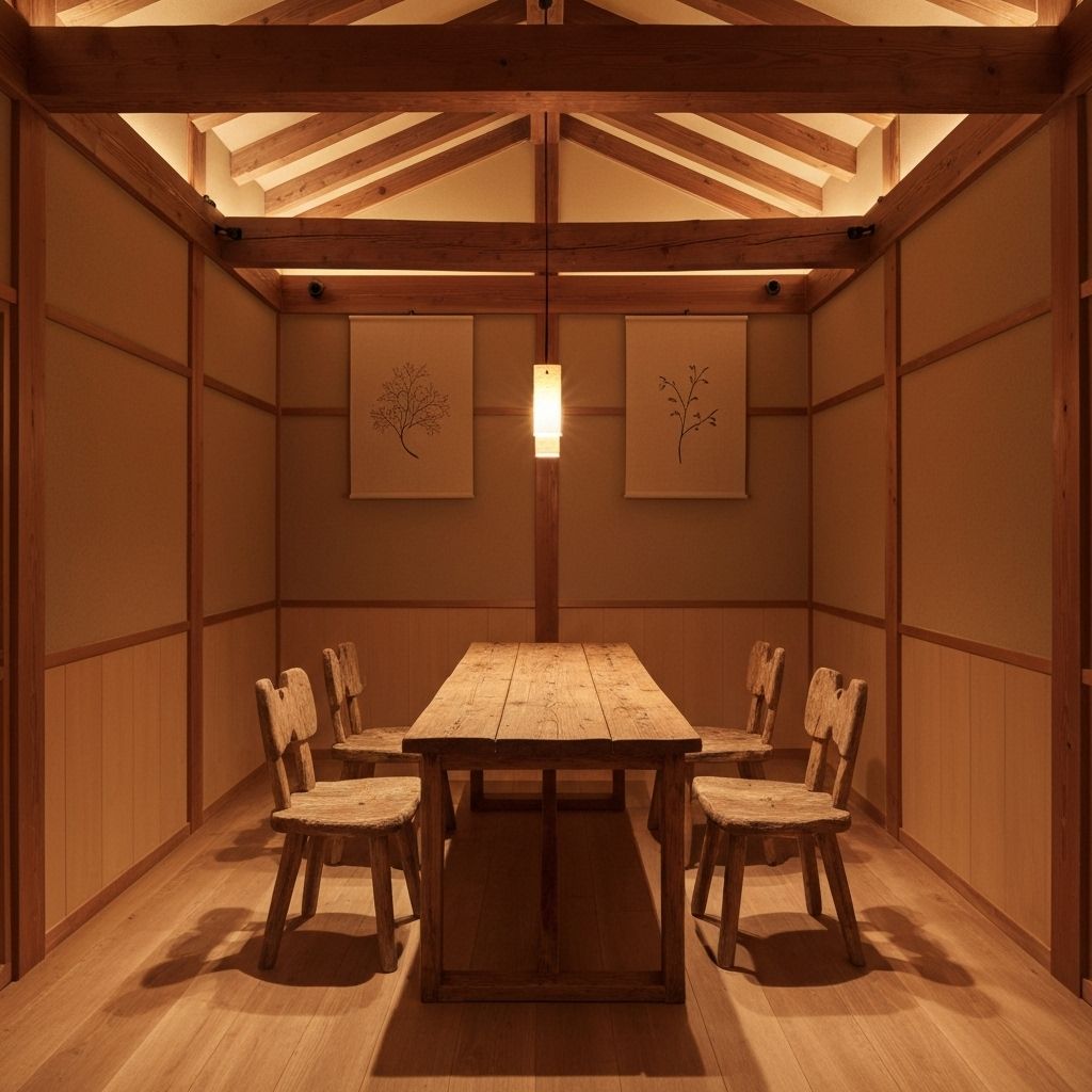 따뜻한 우드톤 조명과 테이블